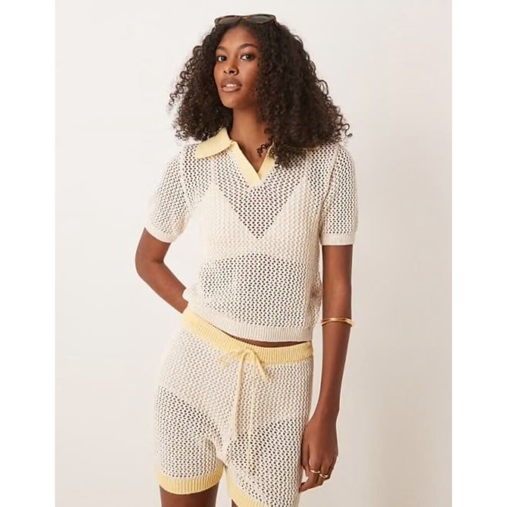 ASOS DESIGN knit open stitch, polo top in cream and yellow, 2piece, S